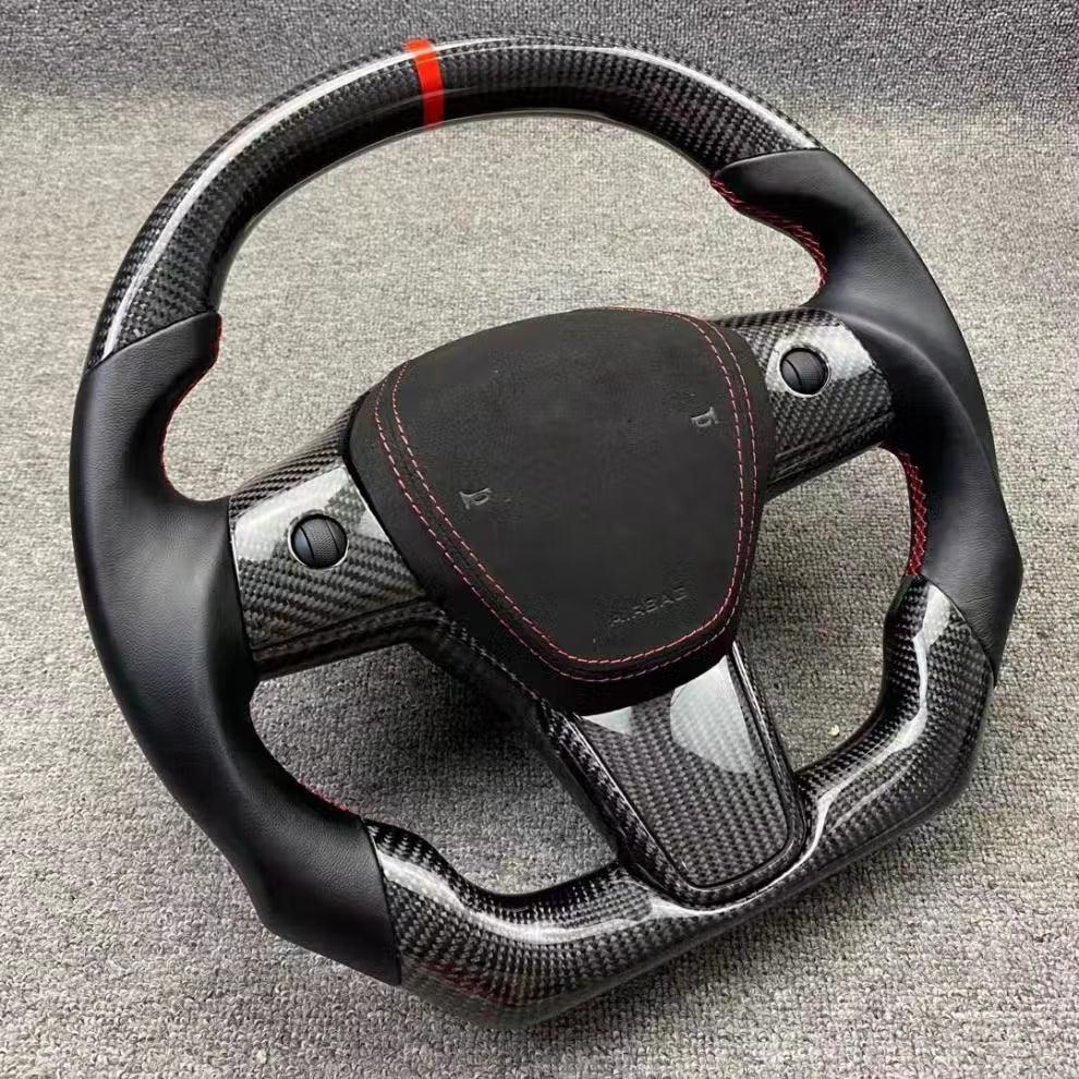 Customized Sport Round Heated Real Carbon Fiber Steering Wheel For Model 3/ Y (Style 1)