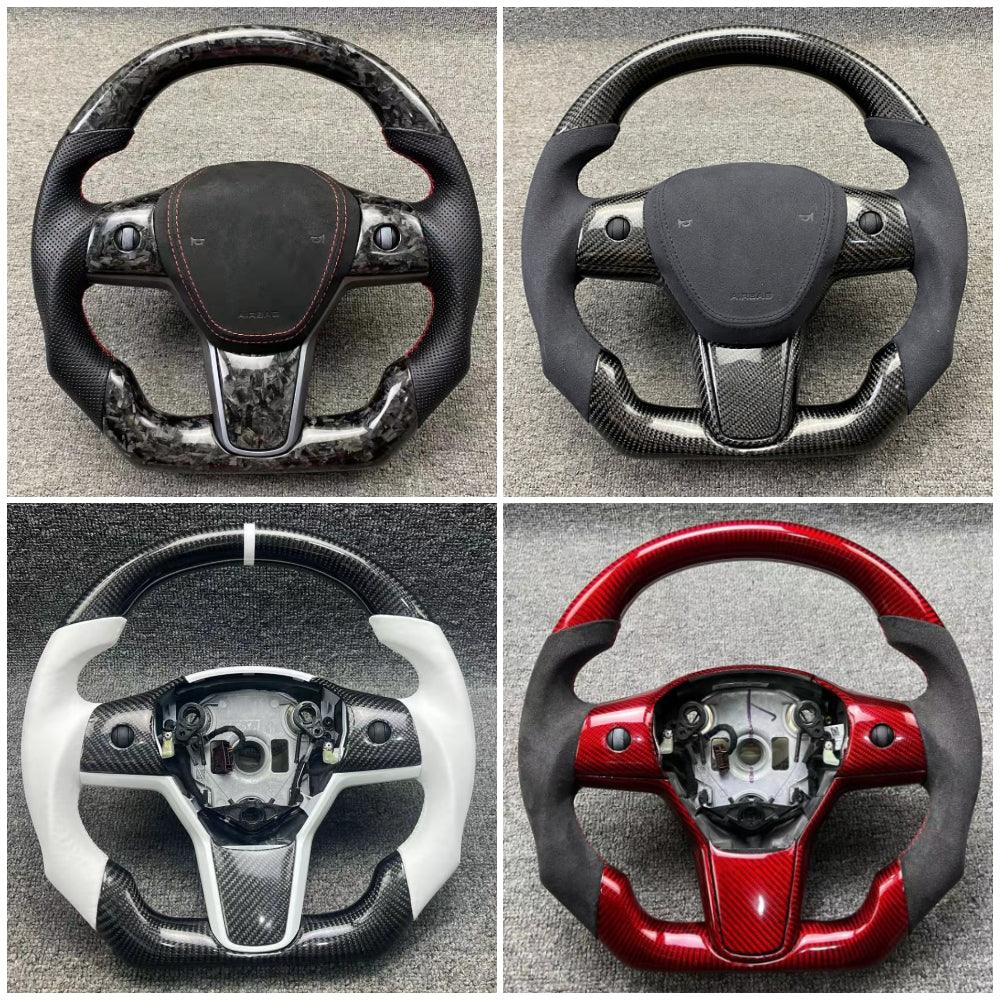 Customized Sport Round Heated Real Carbon Fiber Steering Wheel For Model 3/ Y (Style 1)