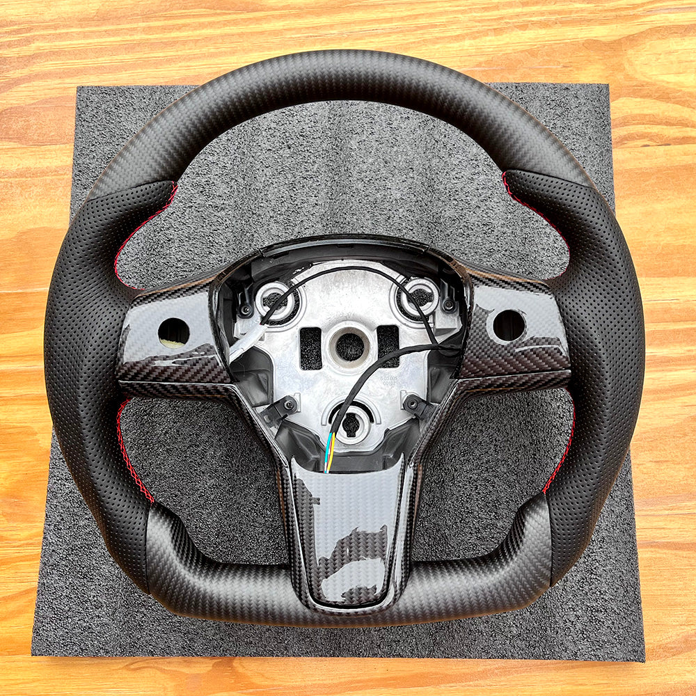 Customized Sport Round Heated Real Carbon Fiber Steering Wheel For Model 3/ Y (Style 1)